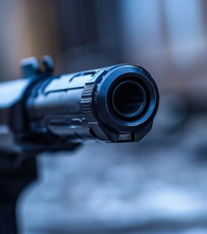 A focused shot of a silencer attached to a modern pistol A focused shot of a silencer attached to a modern pistol
